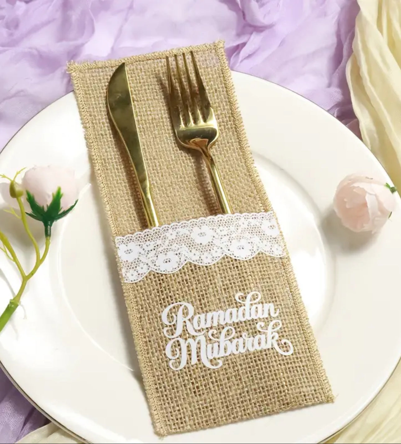 Ramadan Mubarak Bestickfickor – Jute & Spets (5-pack)